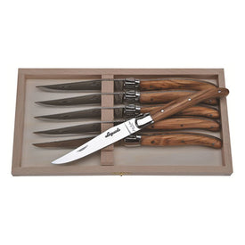 Jean Dubost Laguiole Six Steak Knives with Olive Wood Handles in Box