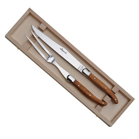 Jean Dubost Laguiole Two-Piece Carving Set with Olive Wood Handles in Clasp Box