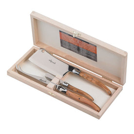 Jean Dubost Laguiole Three-Piece Cheese Knife Set with Olive Wood Handles in Clasp Box