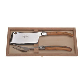 Jean Dubost Laguiole Two-Piece Cheese Knife Set with Olive Wood Handles in Clasp Box