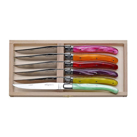 Jean Dubost Laguiole Six Steak Knives with Multi-Color Handles in Clasp Box