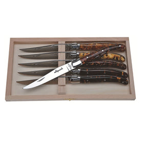 Jean Dubost Laguiole Six Steak Knives with Acrylic Tortoiseshell Handles in Box