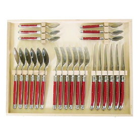 Jean Dubost Laguiole 24-Piece Flatware Set with Red Handles in Clasp Box