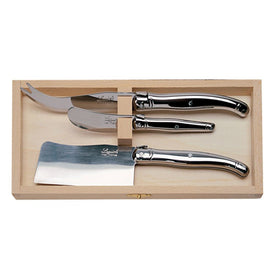 Jean Dubost Laguiole Three-Piece Stainless Steel Cheese Knife Set in Box