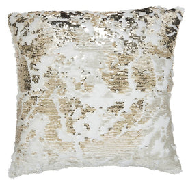 Mina Victory Fur Faux Fur Sequins Ivory Gold 20" x 20" Throw Pillow