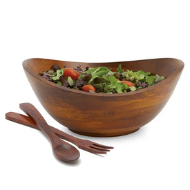 Boracay Wave 11.75" Wood Salad Serving Bowl with Pair of Servers