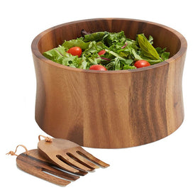 Siargao 10" Tulip Wood Salad Serving Bowl with Pair of Salad Hands