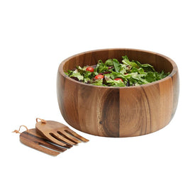 Calabash 10" Wood Salad Serving Bowl with Pair of Salad Serving Hands