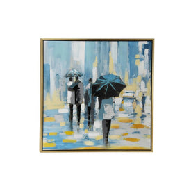 Square Acrylic Painting of People Walking In Rain