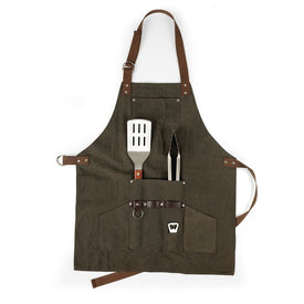 BBQ Apron with Tools and Bottle Opener, Khaki Waxed Canvas