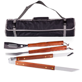 Three-Piece BBQ Tote and Grill Set, Black and Gray with Wooden Tool Handles