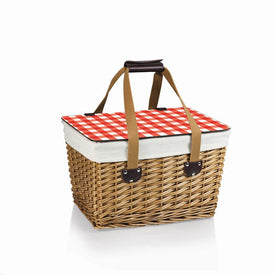 Canasta Wicker Basket, Natural Willow with Red Check Lid and Tan Lining