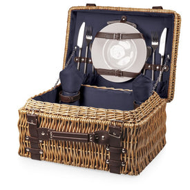 Champion Picnic Basket, Navy Lining and Napkins with Dark Brown Leatherette Straps