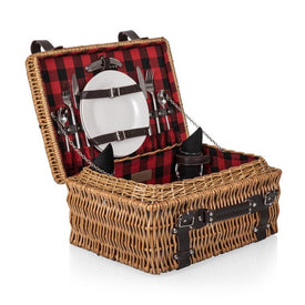 Champion Picnic Basket, Red and Black Buffalo Plaid Lining with Dark Brown Leatherette Straps