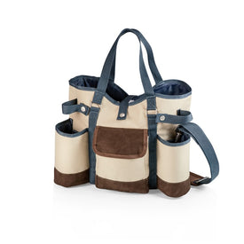 Wine Country Tote - Wine and Cheese Picnic Tote, Tan with Blue and Brown Trim
