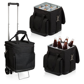 Cellar Six-Bottle Wine Carrier and Cooler Tote with Trolley, Black with Silver Lining