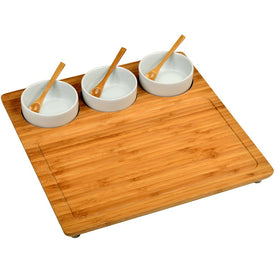 Bamboo Serving Platter with Three Ceramic Bowls