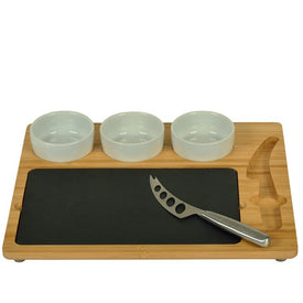 Entertainer Deluxe Bamboo & Slate Serving Tray with Three Bowls and Knife