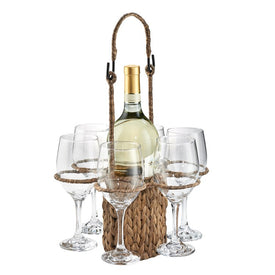 Garden Terrace Wine Set Seagrass Tote and Six 14 Oz 6 Wine Glasses in Gift Box