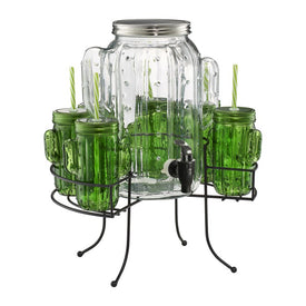 Cactus Nine-Piece Beverage Server Set with Six Cactus Sippers/ 1.35 Gallon Dispenser/Iron Stand in Gift Box