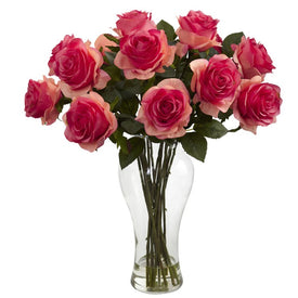 Blooming Roses with Vase Dark Pink