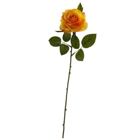 18" Faux Single Rose Stem with Six Leaves