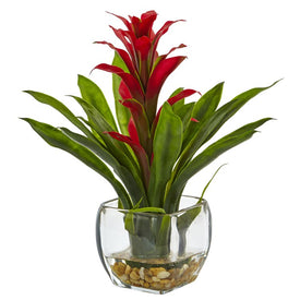12" Faux Bromeliad with Vase Arrangement Red