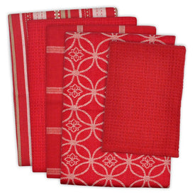 DII Assorted Red Dish Towels and Dish Cloth Set of 5