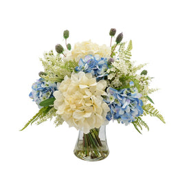 16" Artificial Soft White and Blue Hydrangea in Glass Vase with Acrylic Water