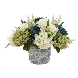 18" Artificial Heather and Hydrangeas in Blue and White Floral Patterned Ceramic Vase