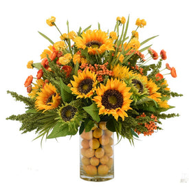 32" Artificial Sunflowers and Ranunculus in Glass Vase with Lemons