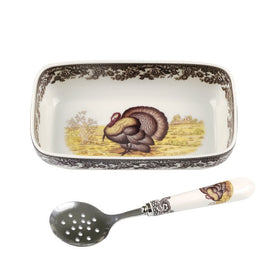 Spode Woodland Cranberry Dish with Slotted Spoon - Turkey