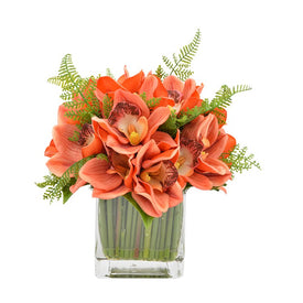 15" Artificial Orange Orchid Bouquet in Glass Vase