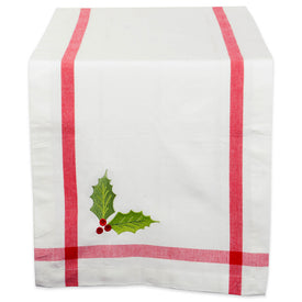 White Embroidered Holly Corner with Border Table Runner and Napkins Set