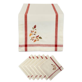 Natural Embroidered Fall Leaves Bordered Table Runner and Napkins Set