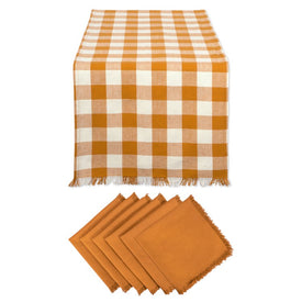 Pumpkin Spice Heavyweight Check Fringed Table Runner and Napkins Set
