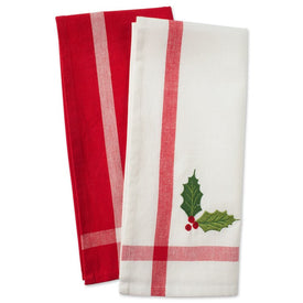 Red/White Stripe Holly & Mistletoe Holiday Embroidered Dish Towels Set of 2