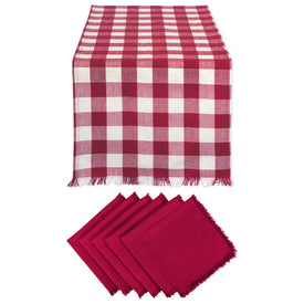 Wine Heavyweight Check Fringed Table Runner and Napkins Set