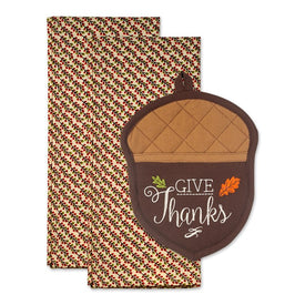 Give Thanks Acorn Potholder and Towels Three-Piece Gift Set