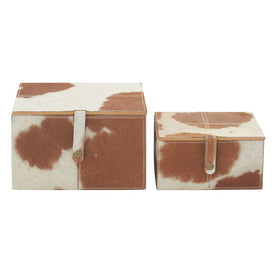 Wood and Leather Hide Boxes Set of 2