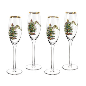 Spode Christmas Tree Champagne Fluted Glasses Set of 4