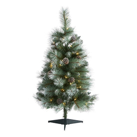 3' Frosted Tip British Columbia Mountain Pine Artificial Christmas Tree with 50 Clear Lights, Pine Cones and 112 Bendable Branches