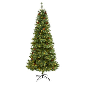 7' White Mountain Pine Artificial Christmas Tree with 400 Clear LED Lights and Pine Cones
