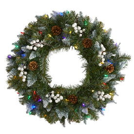 24" Snow Tipped Artificial Christmas Wreath with 50 Multi-Colored LED Lights, White Berries and Pine Cones