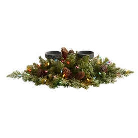 24" Flocked Artificial Christmas Double Candelabrum with 35 Multi-Colored Lights and Pine Cones
