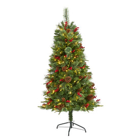 5' Norway Mixed Pine Artificial Christmas Tree with 200 Clear LED Lights, Pine Cones and Berries