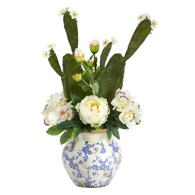 29" Cymbidium Orchid, Peony and Cactus Succulent Artificial Arrangement in Vintage Floral Vase