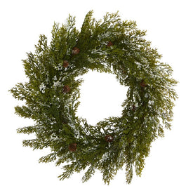 20" Snowed Artificial Cedar Wreath with Pine Cones
