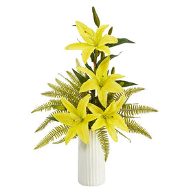 22" Lily and Fern Artificial Arrangement in White Vase