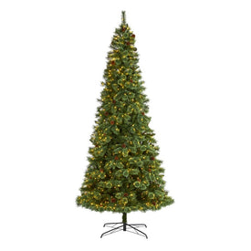 10' White Mountain Pine Artificial Christmas Tree with 850 Clear LED Lights and Pine Cones